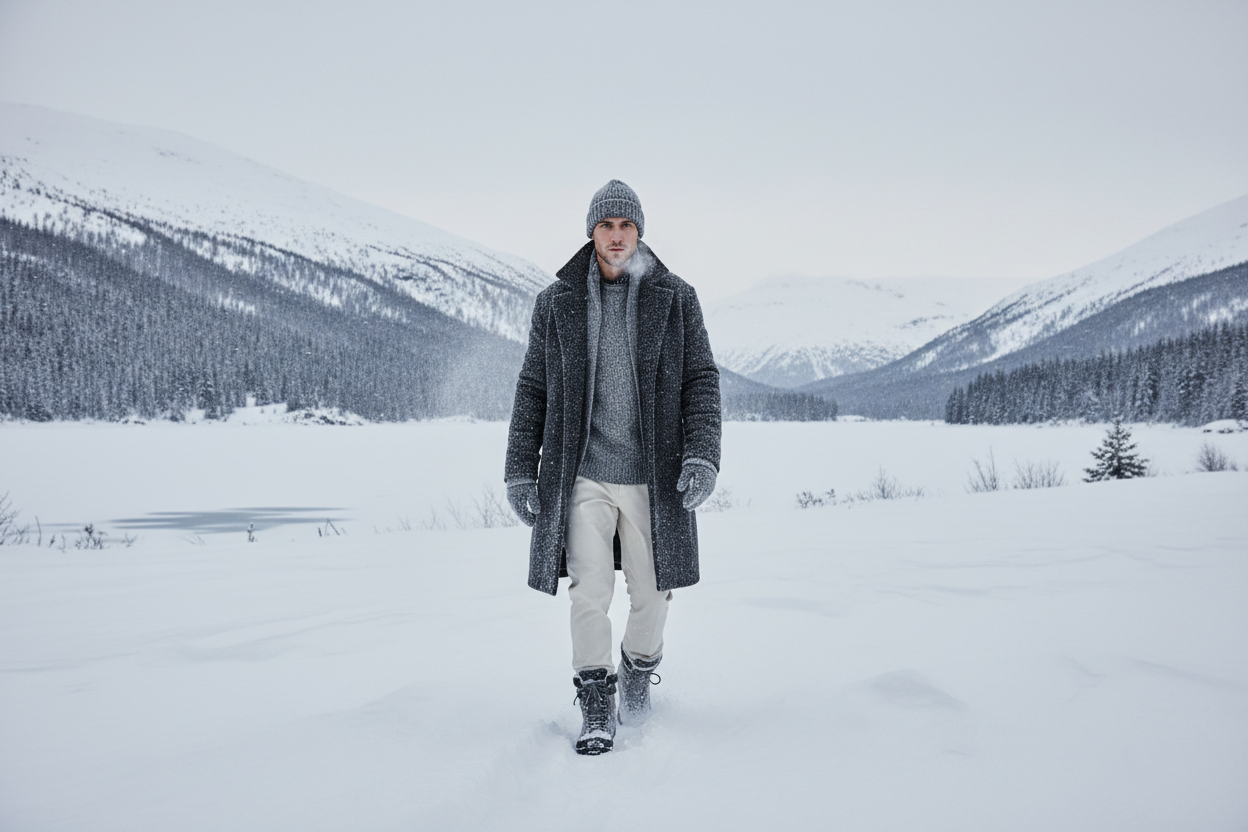 Nordic winter editorial photoshoot, male model only, men’s luxury winter streetwear, strong and grounded posture, walking or standing in snow, visible breath, cold wind, snow in motion, muted Scandinavian palette (snow ivory, cold gray, charcoal), cinematic fashion photography, raw and modern, no fantasy, no armor, no symbols
