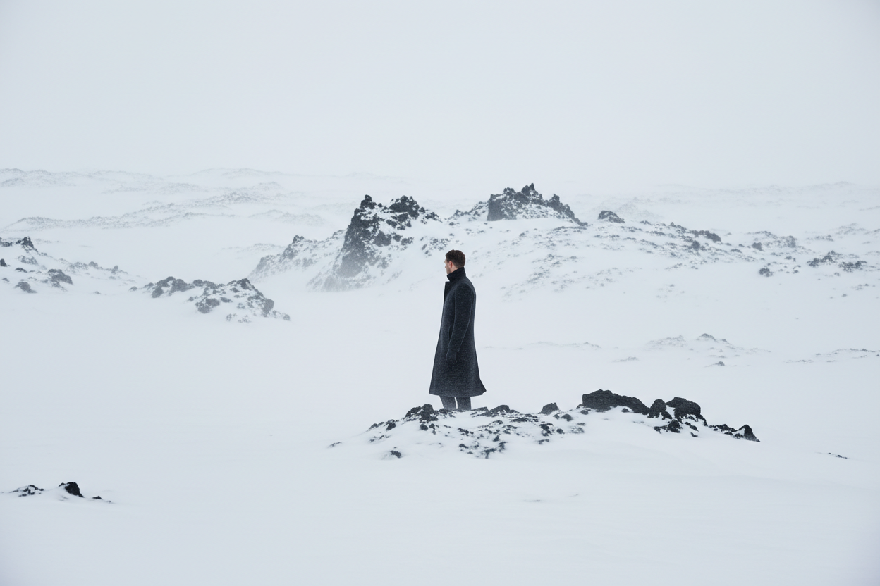 Nordic winter landscape, minimal and harsh.
Snow, ice and exposed dark rocks.
Light wind, subtle snow texture in the air.
Male model only, distant and contemplative.
Premium overcoat as the focal point.
Quiet, cold, restrained luxury.