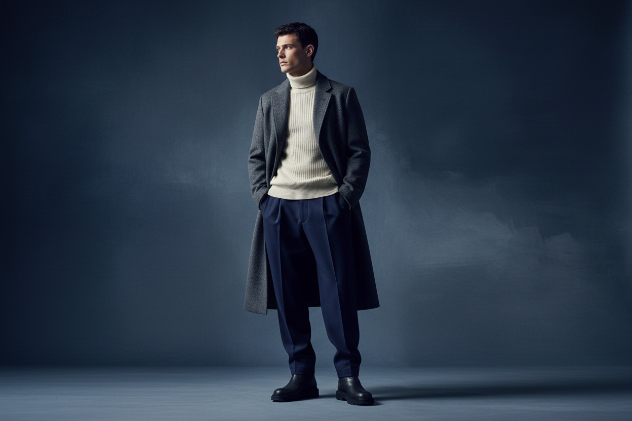 Wide editorial fashion image for a luxury winter streetwear collection.
Male model, full or near full body, calm posture, not looking at the camera.
Winter luxury streetwear with premium layers.
Abstract cold-toned background in deep navy and charcoal.
Soft light, strong silhouette, refined mood.
No logos, no text.